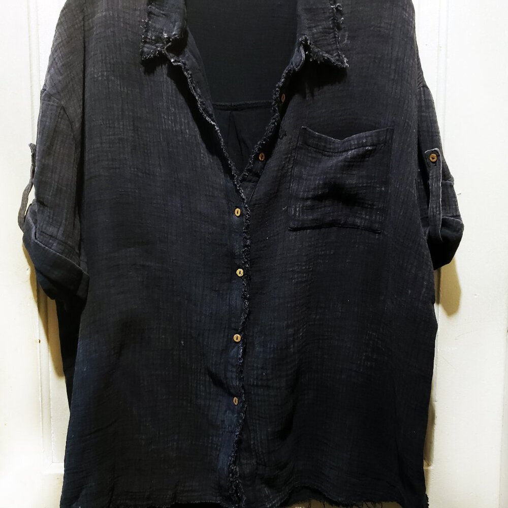 New Black Fringe Boho Women's Roll-Up Sleeve Tie Front Button Collar Shirt XL